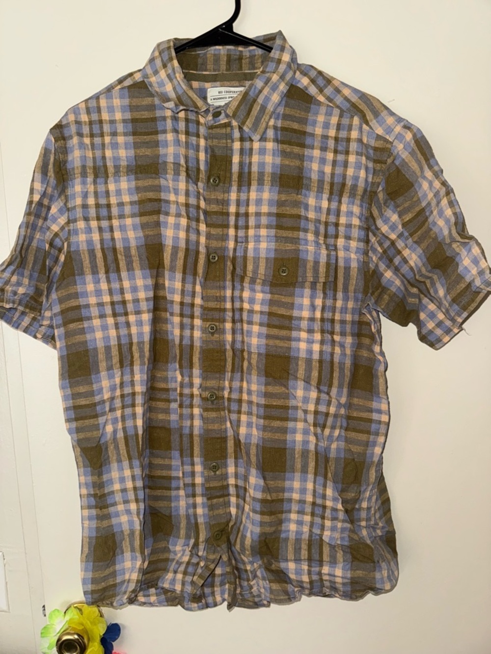 Short-Sleeve Plaid Button-Up REI Shirt - Olive & Light Blue